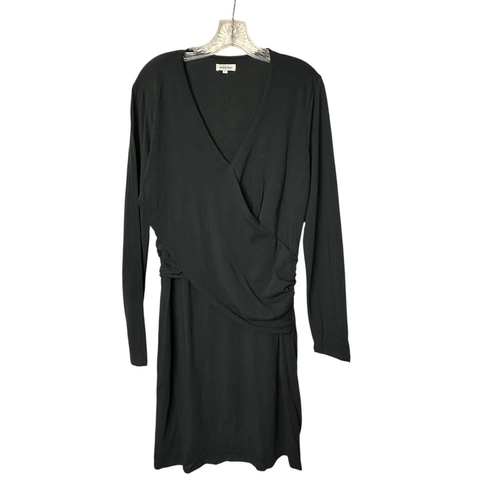 Sundance Dress Womens Large Black Wrap Ruched Jersey Long Sleeve Knee Length